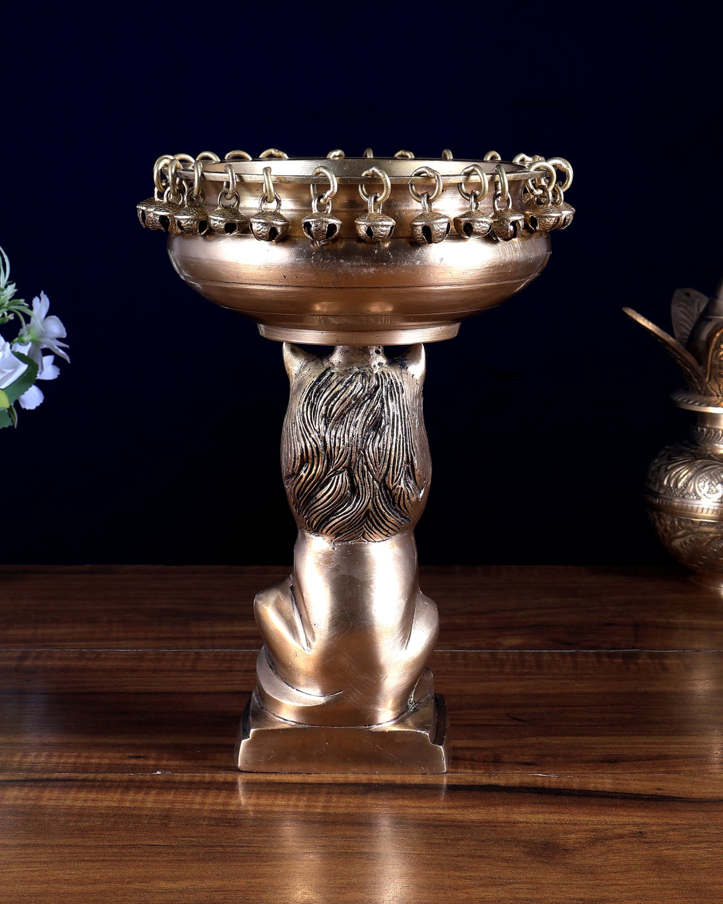 Brass Sitting Lion with Urli – Decorative & Auspicious Artefact 9.5 inch