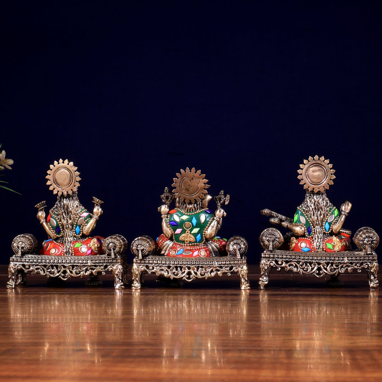 Brass Superfine Intricate Ganesha, Saraswati, Lakshmi with meenakari