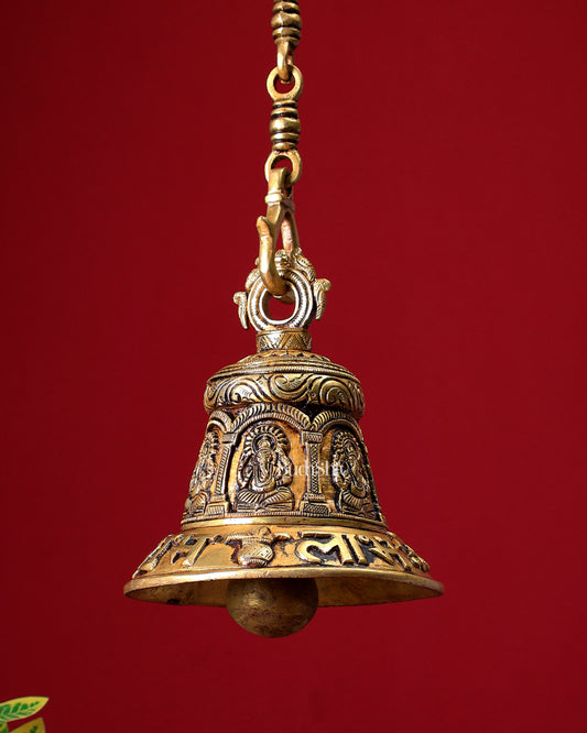 Brass Handcrafted Ganesha Hanging Temple Bell with Shubh Labh Carvings