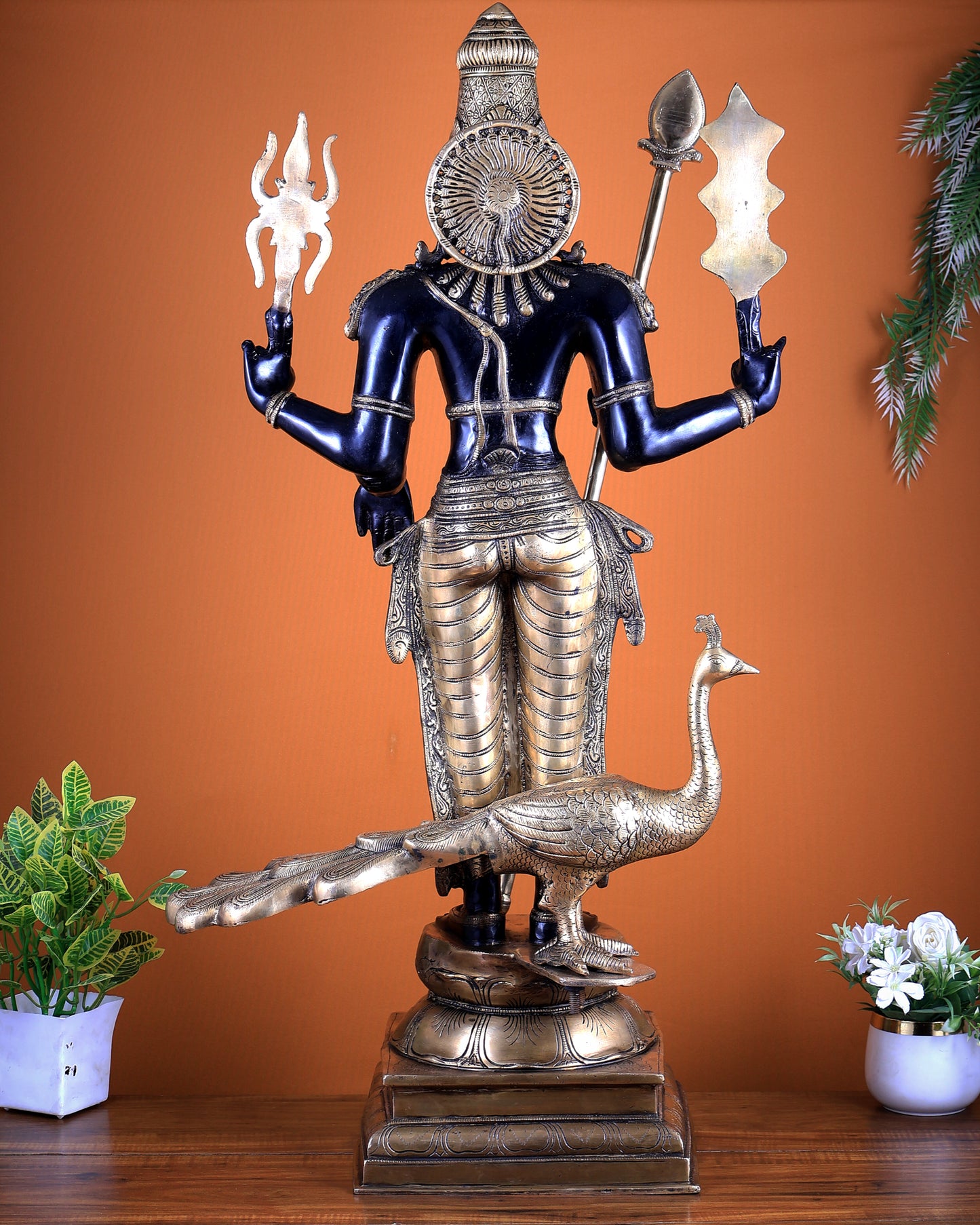 Pure Brass Large Murugan Kartikeya Statue | Black Finish 37 inch