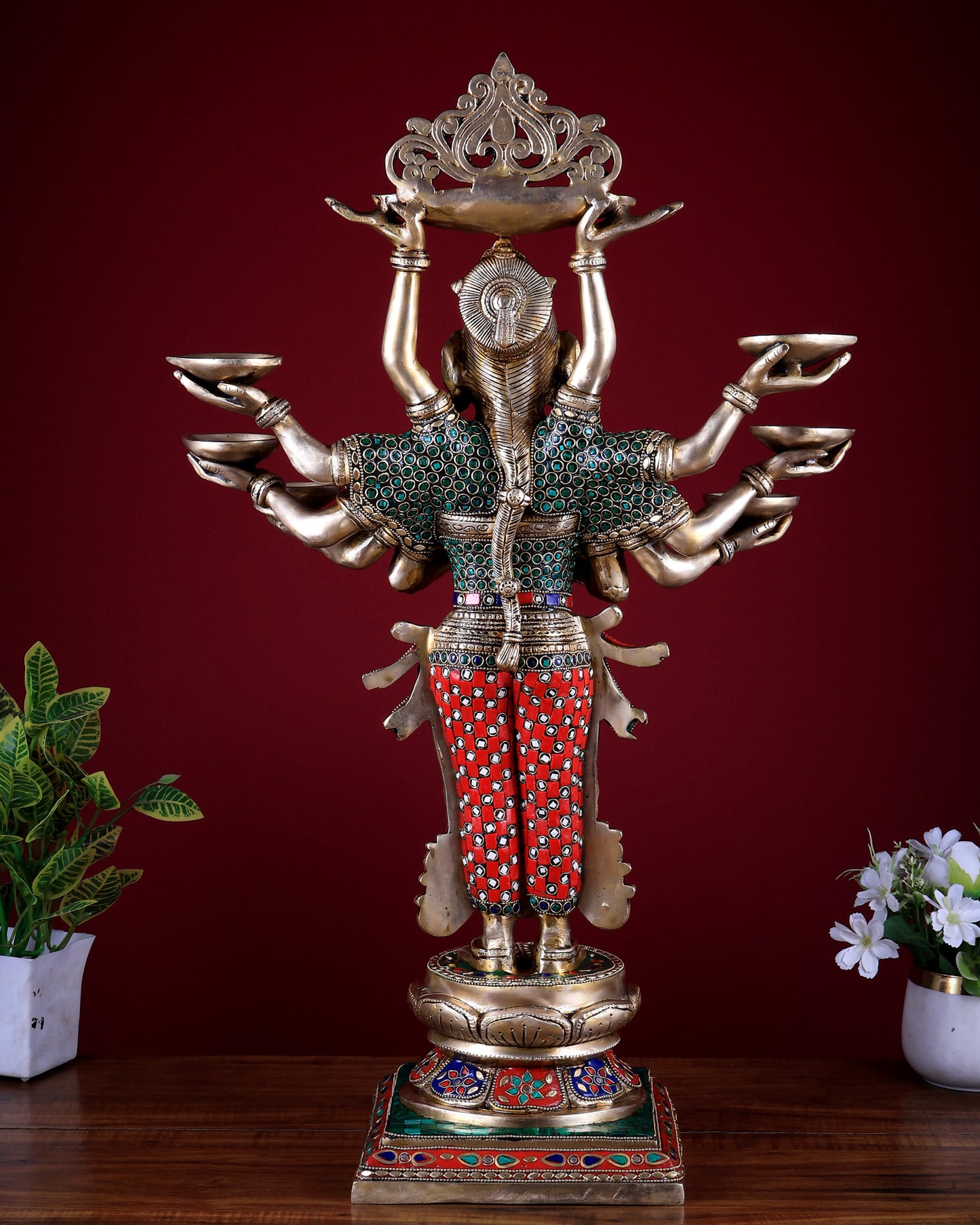 Brass Deep Lakshmi with Ten Hands - 27 inch Stonework