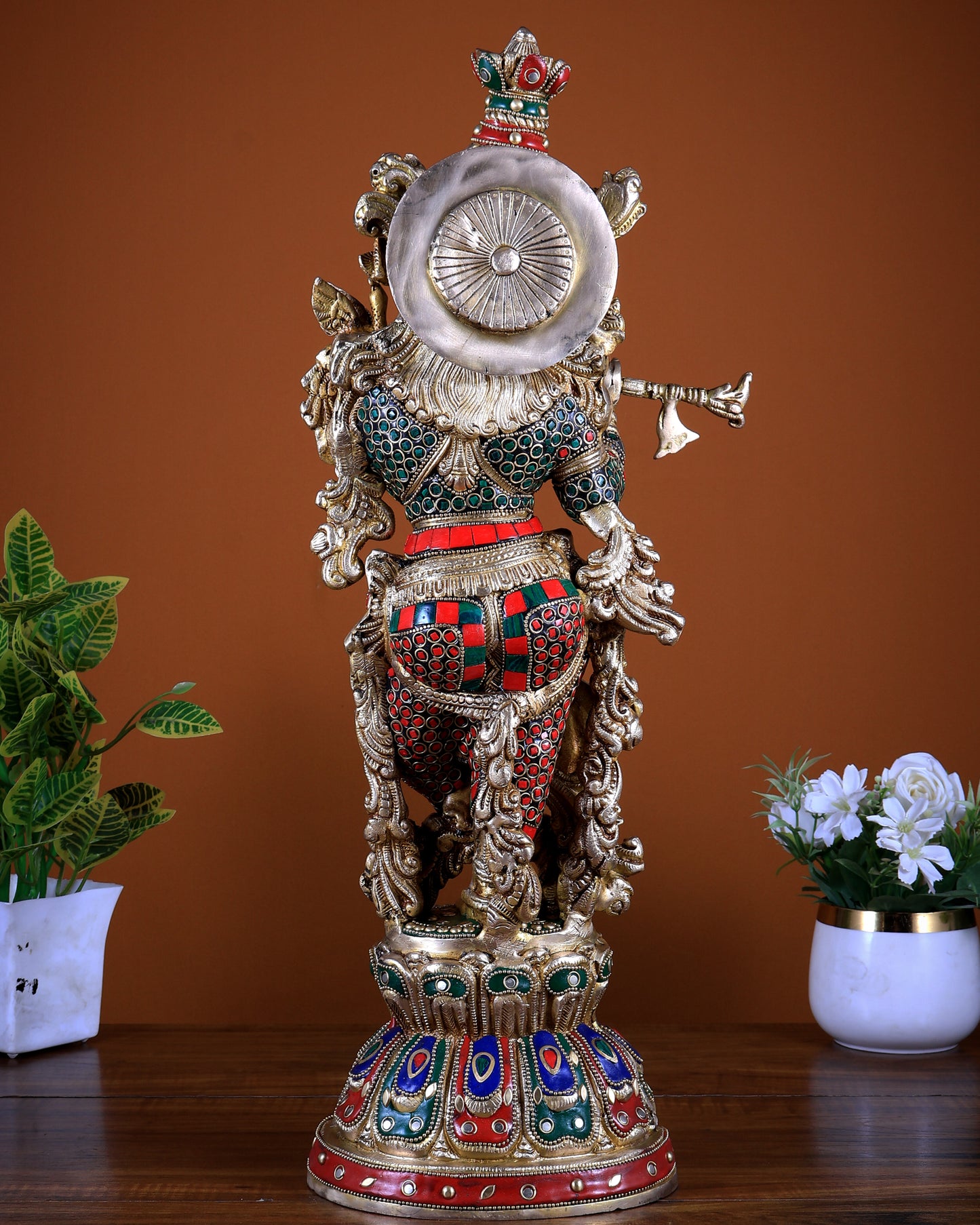 Brass Lord Krishna Statue with Stonework 21 inch tall