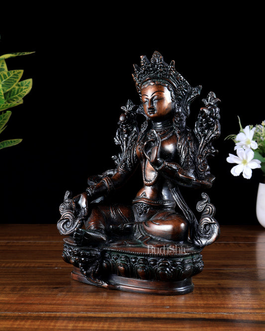 Brass Green Tara Statue – Black sand tone 9 inch