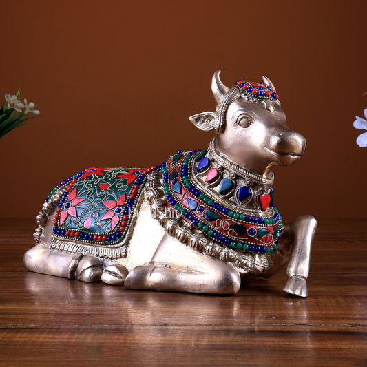 Pure Brass Nandi Statue – 10" meenakari Stonework
