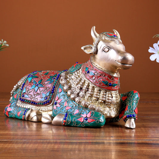 Pure Brass Nandi Statue – 10" floral stonework