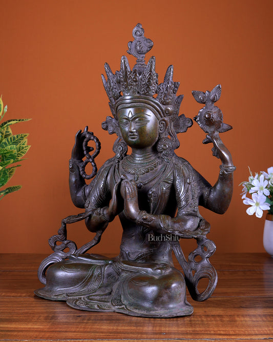 Brass Chenrezig (Avalokiteshvara) Vintage Statue 15 inch