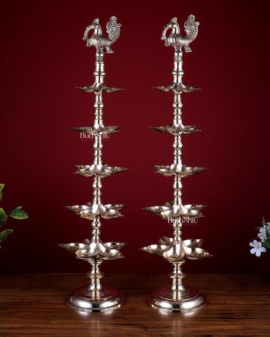 Brass Peacock Annam Pakshi Lamp Diya Pair | Multi-Tier | glossy Gold | inauguration lamp 29 inch