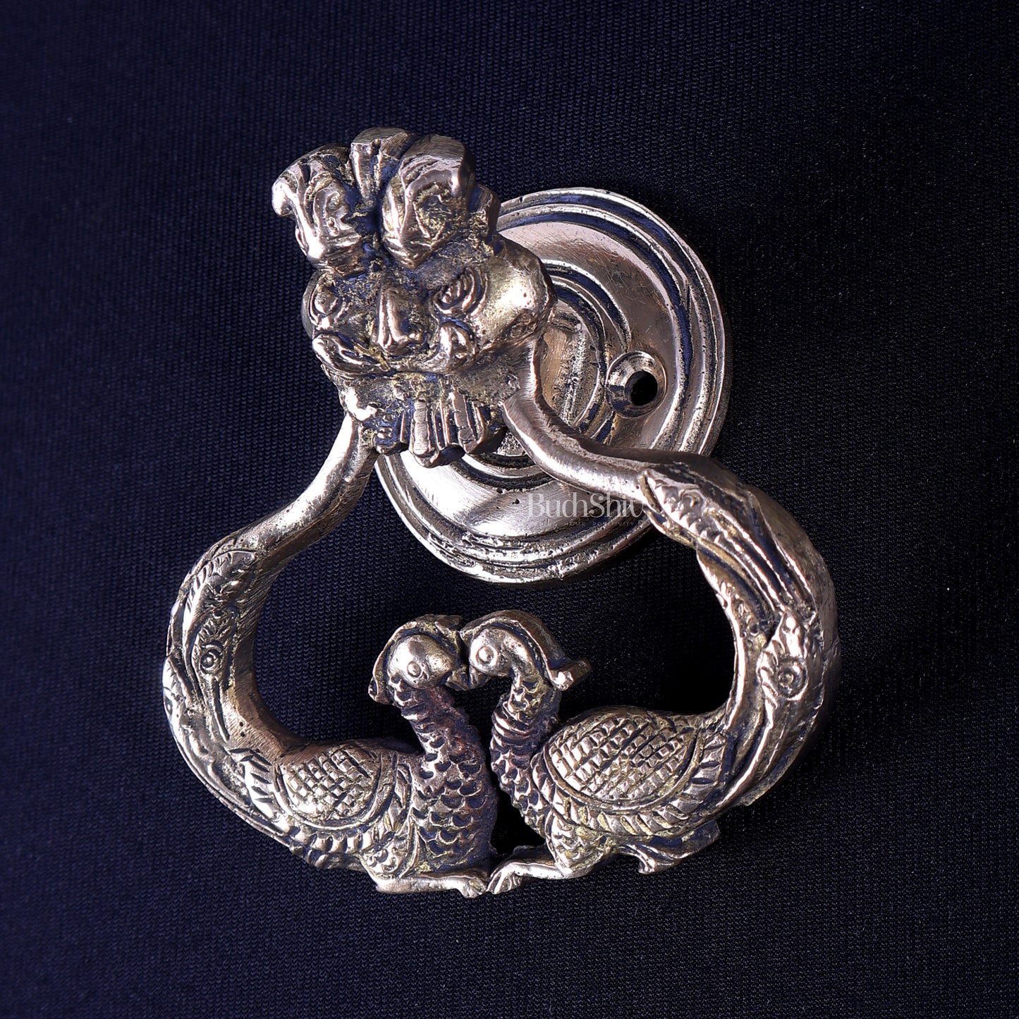 Pure Brass Yali Face Door Knocker with Dual Peacock 4"