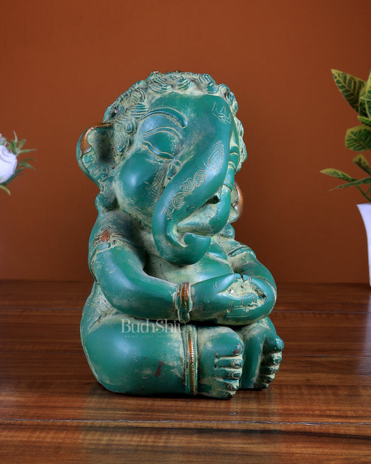 Pure Brass Baby Ganesha Statue | Vintage Green Patina Finish 8 inch