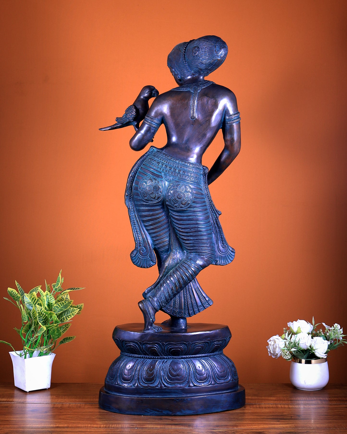 Brass Lady Holding Parrot – Chola Style, 36 Inch