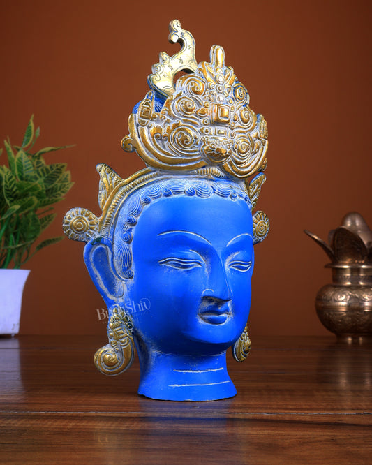 Pure Brass Tara Face Bust Statue – Vintage Blue 12"
