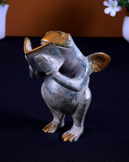 Brass Winged Frog Reading a Book – Whimsical Fantasy Collectible Showpiece