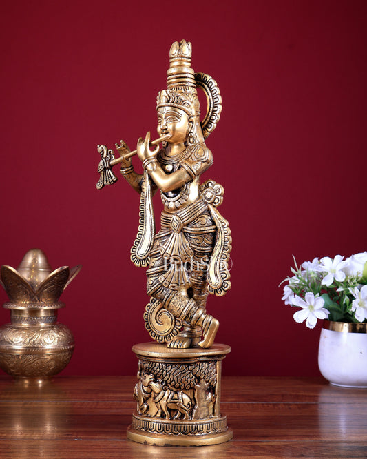 Superfine Brass Krishna Statue Cow on base 15.5 inch