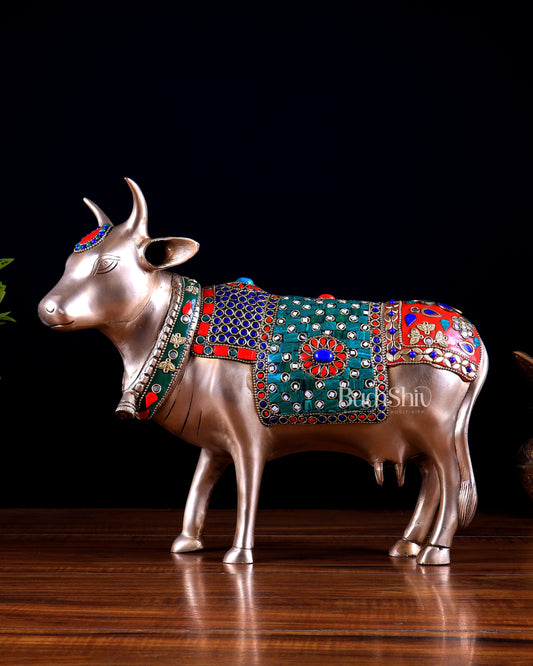 Brass Standing Cow statue - Gomatha Statue with stonework | 13 inch