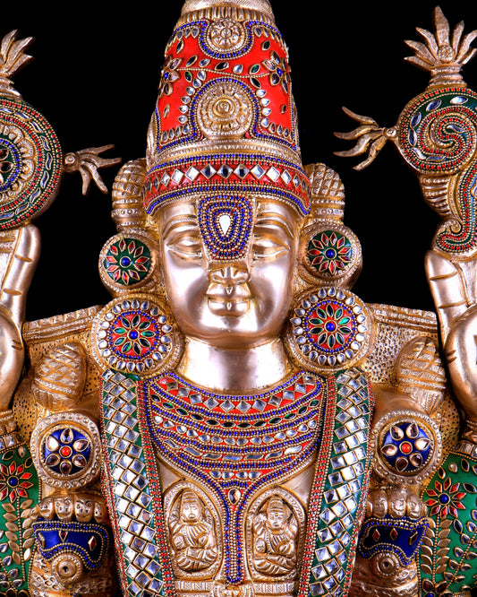 Pure Brass Tirupati Balaji Statue with Lakshmi 34.5 inch meenakari Stonework