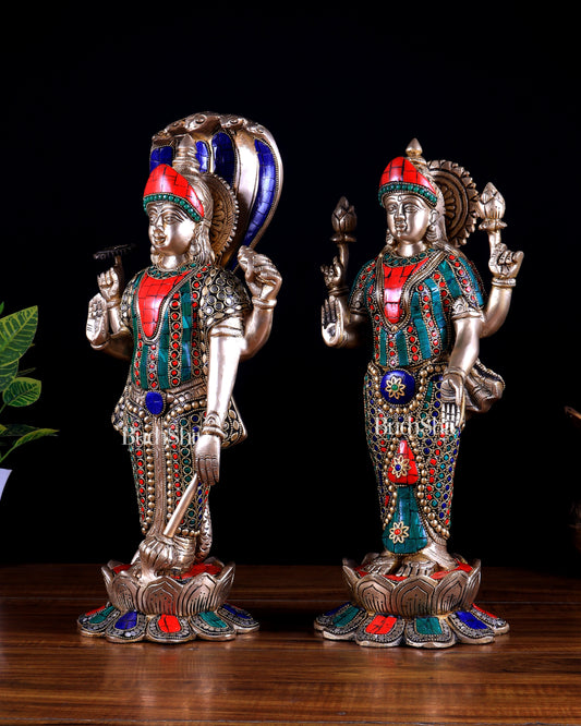Brass Vishnu and Lakshmi idol pair 18" meenakari Stonework