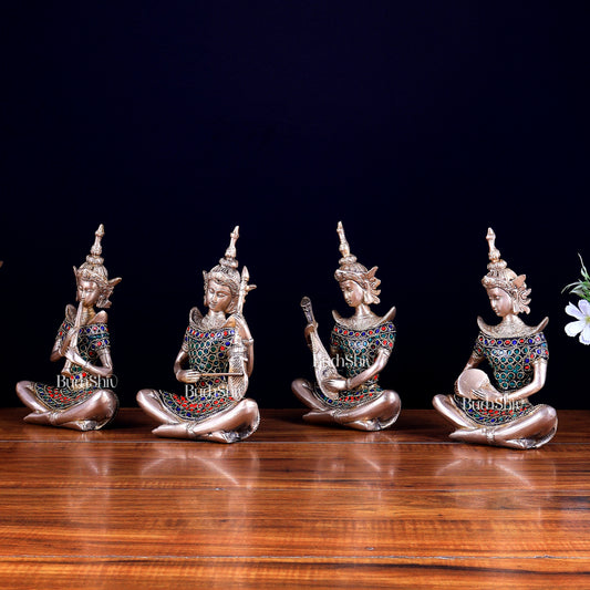 Handcrafted Thai Brass Musical Set of 4 with Natural Stones - 7.5"