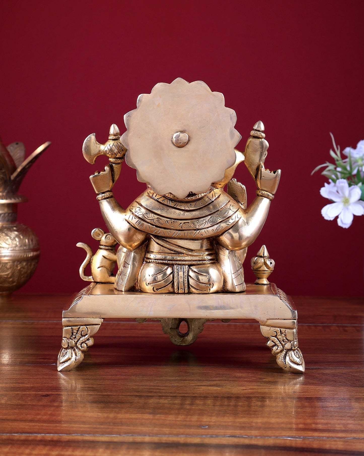 Brass Lord Ganesha with Kalash and Mooshak Idol 8 inch