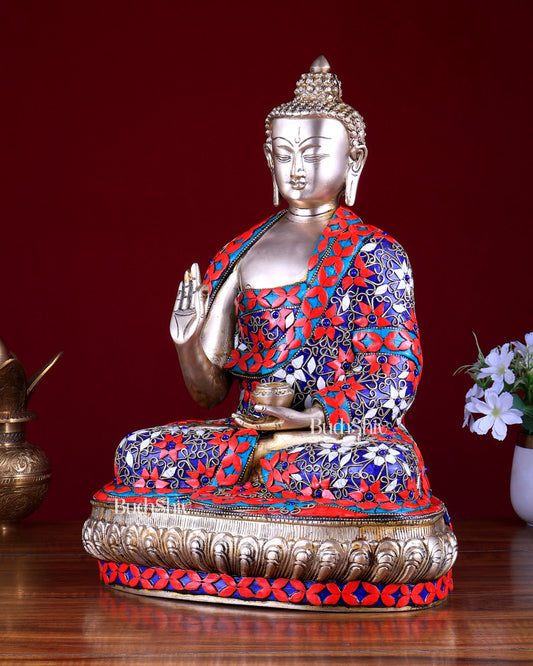 Brass Buddha Statue with Floral Stonework 16 inch