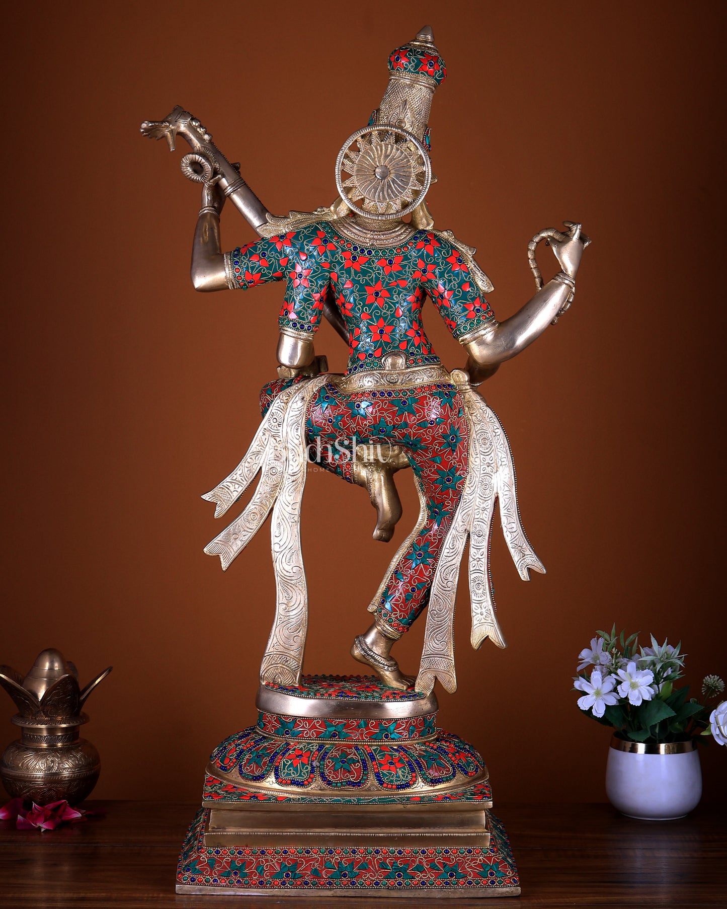 Brass Dancing Saraswati statue 32" with stonework