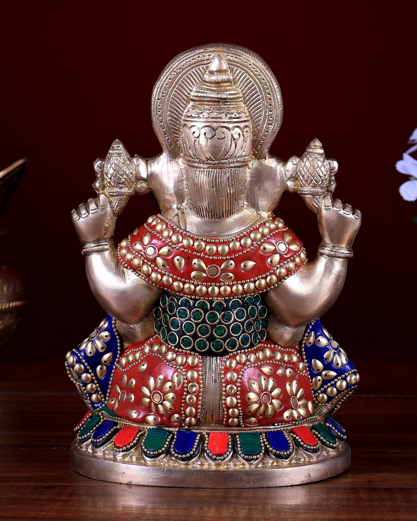 Pure Brass Ganesha Statue – Unique Stonework (8 Inch)