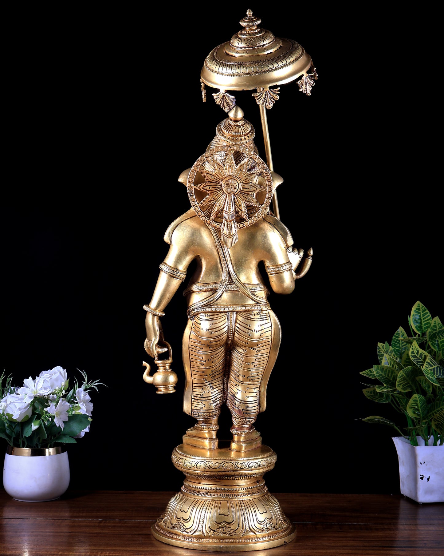 Brass Standing Ganesha with Umbrella & Kamandal – Rare Depiction of Lord Ganapati 28 inch