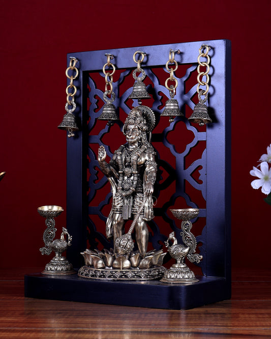 Brass Superfine Hanuman Ji Standing with Annam Diyas & Hanging Bells – MDF Temple Frame 12 inch