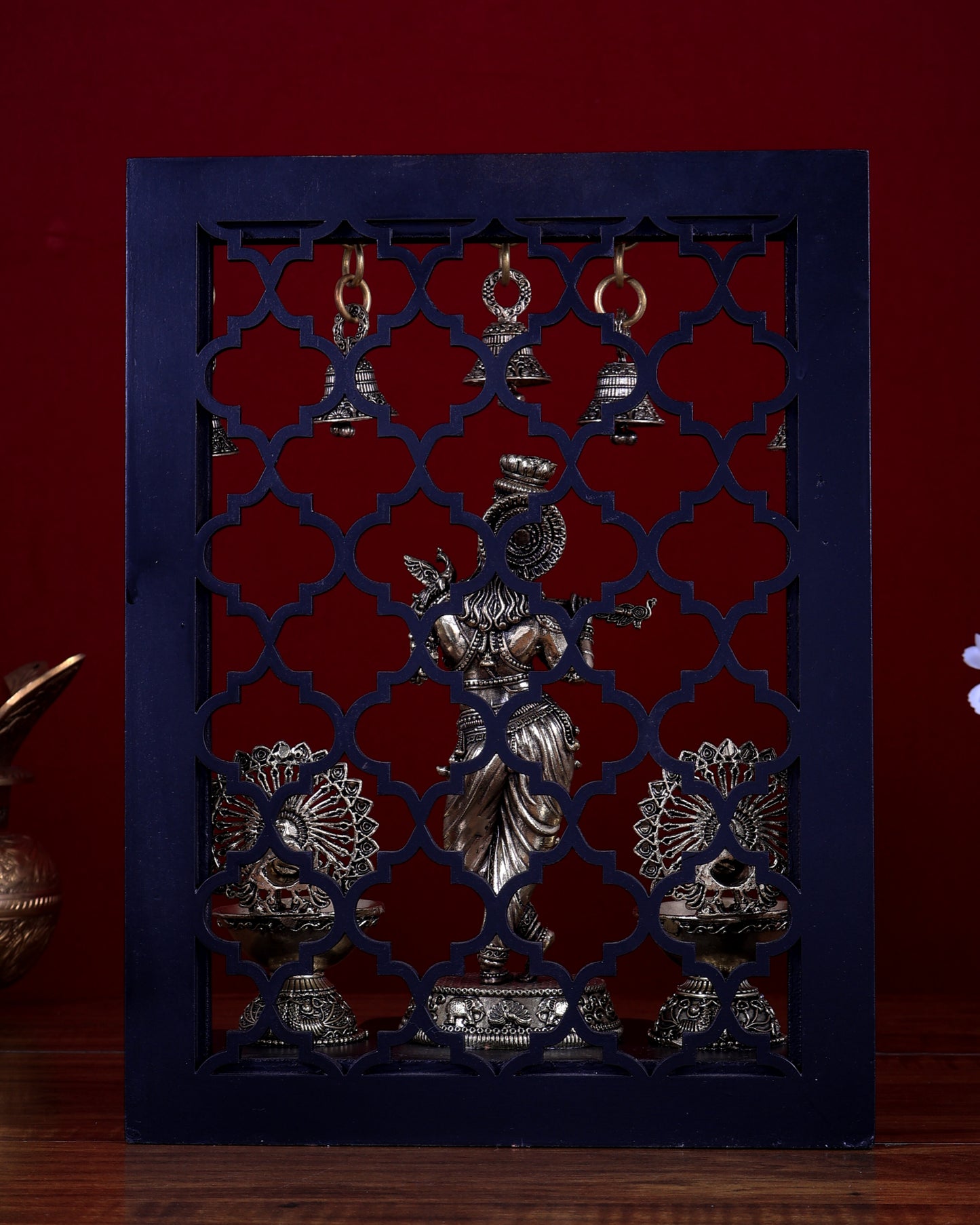 Brass Superfine Lord Krishna with Dual Peacock Lamps & Hanging Bells – MDF Temple Frame