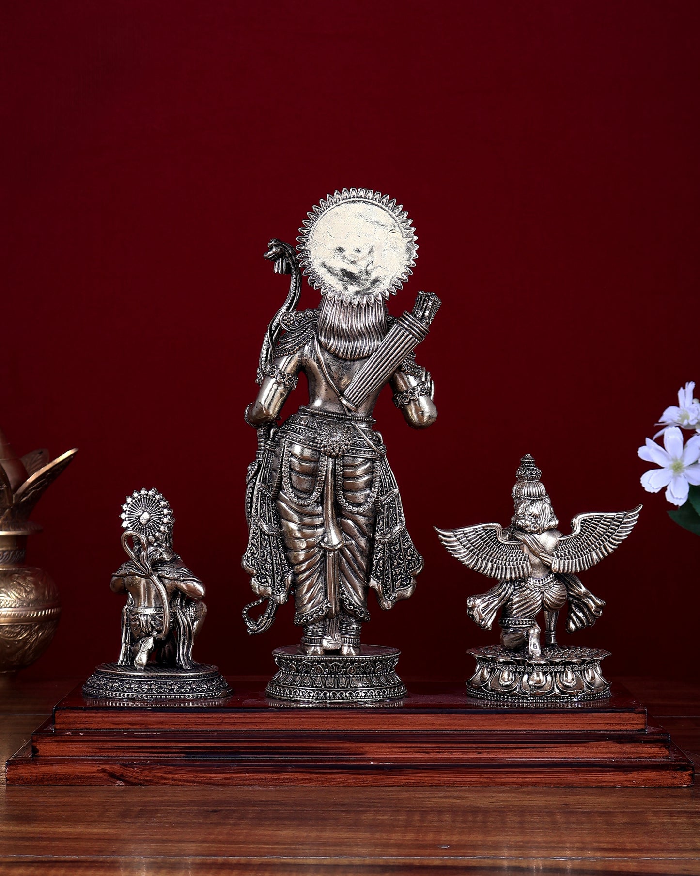 Brass Superfine Lord Rama Statue with Garuda & Hanuman on Wooden Base 12 inch