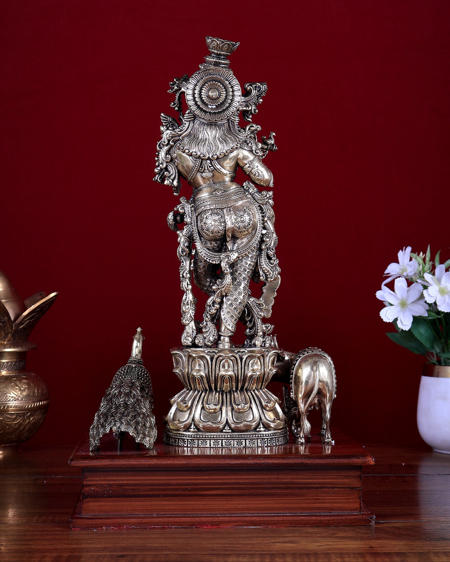 Brass Superfine Lord Krishna with Kamdhenu Cow, Calf & Peacock on Wooden Base 14 inch