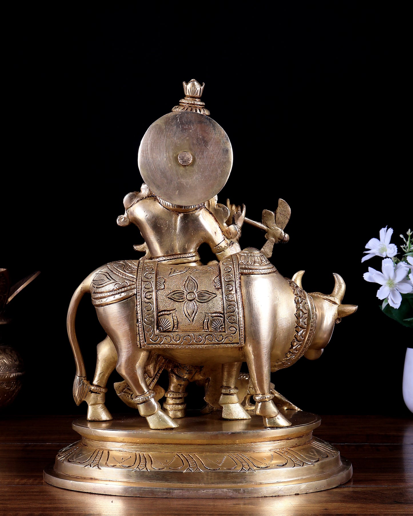 Brass Superfine Lord Krishna with Cow & Peacock – 13 inch