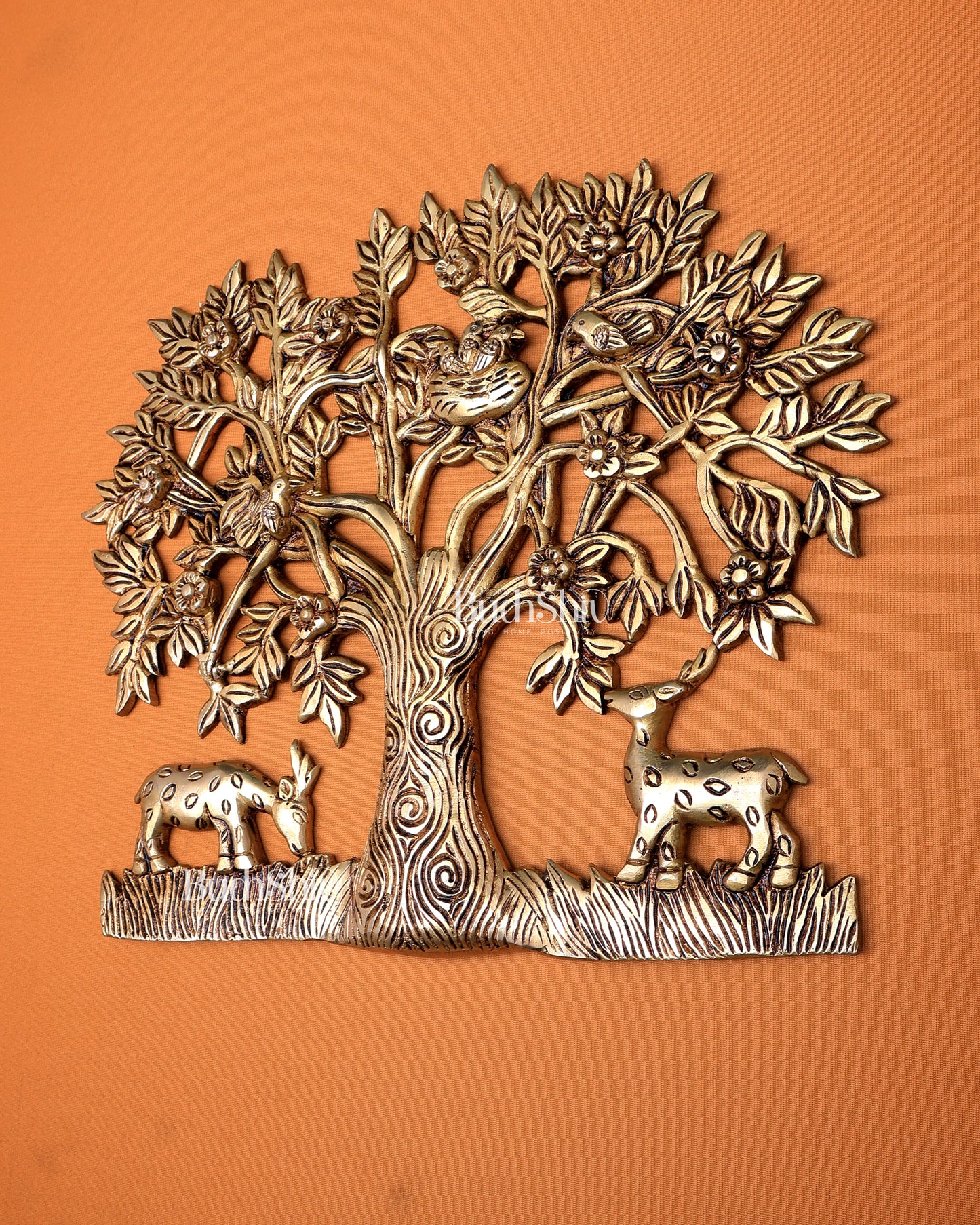 Brass Superfine Kalpavriksha Tree Wall Hanging with Birds & Deer
