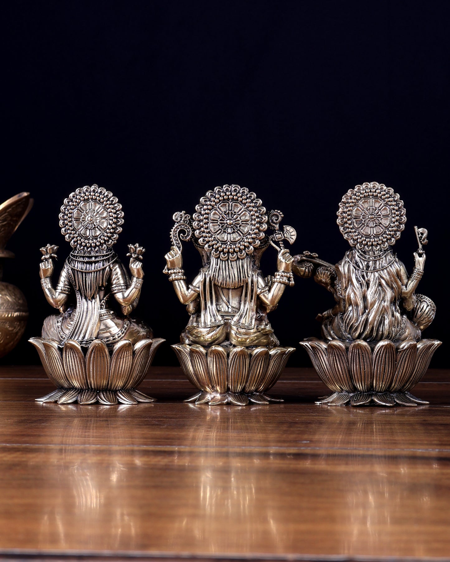 Brass Superfine Ganesha–Lakshmi–Saraswati on Lotus Idol Set 5 inch