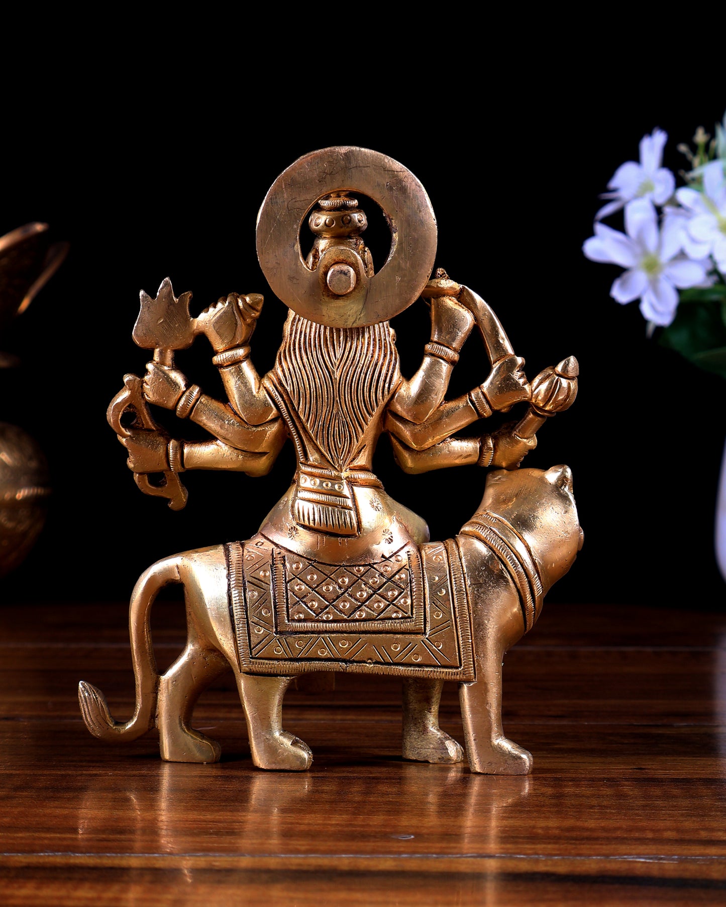 Brass Durga with Tiger – Solid Brass Statue 6 inch