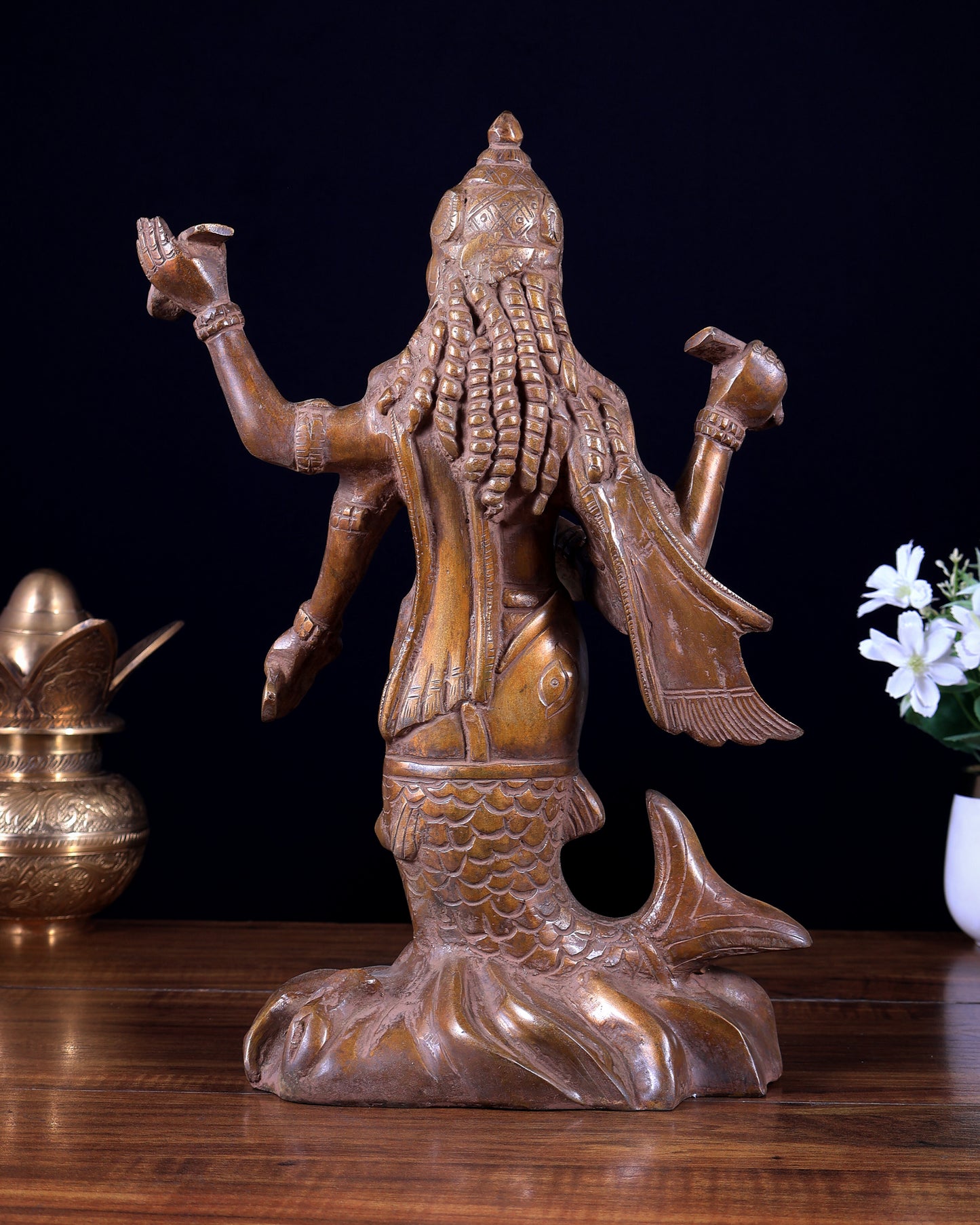 Pure Brass Matsya Vishnu Avatar Statue | Vintage Finish Divine Sculpture (14 Inch)