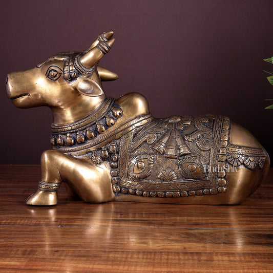 Pure Brass Nandi Statue with Enhanced Carvings - 16"