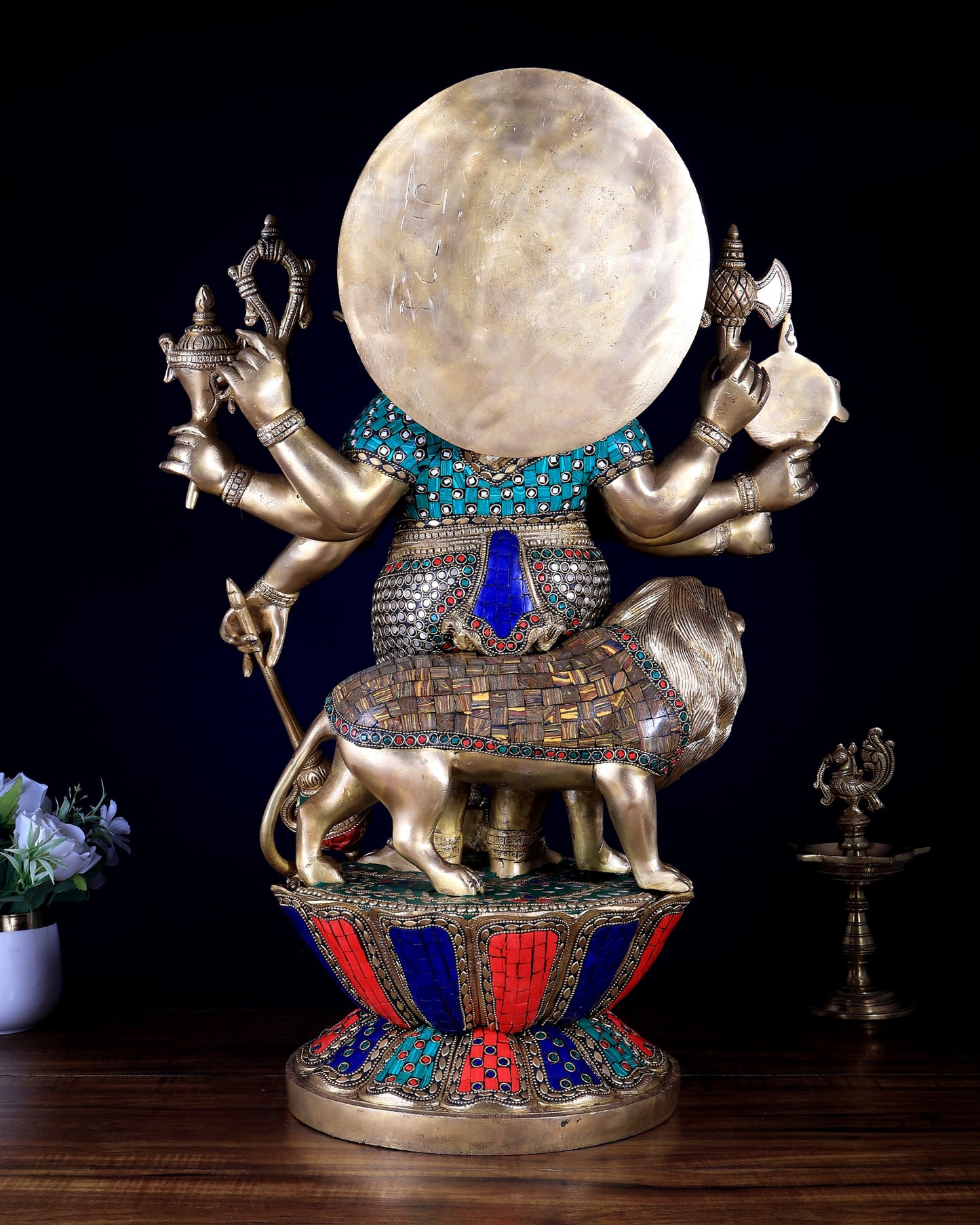 Pure Brass Large Drishti Ganesha Standing with Lion Statue 24" with stonework