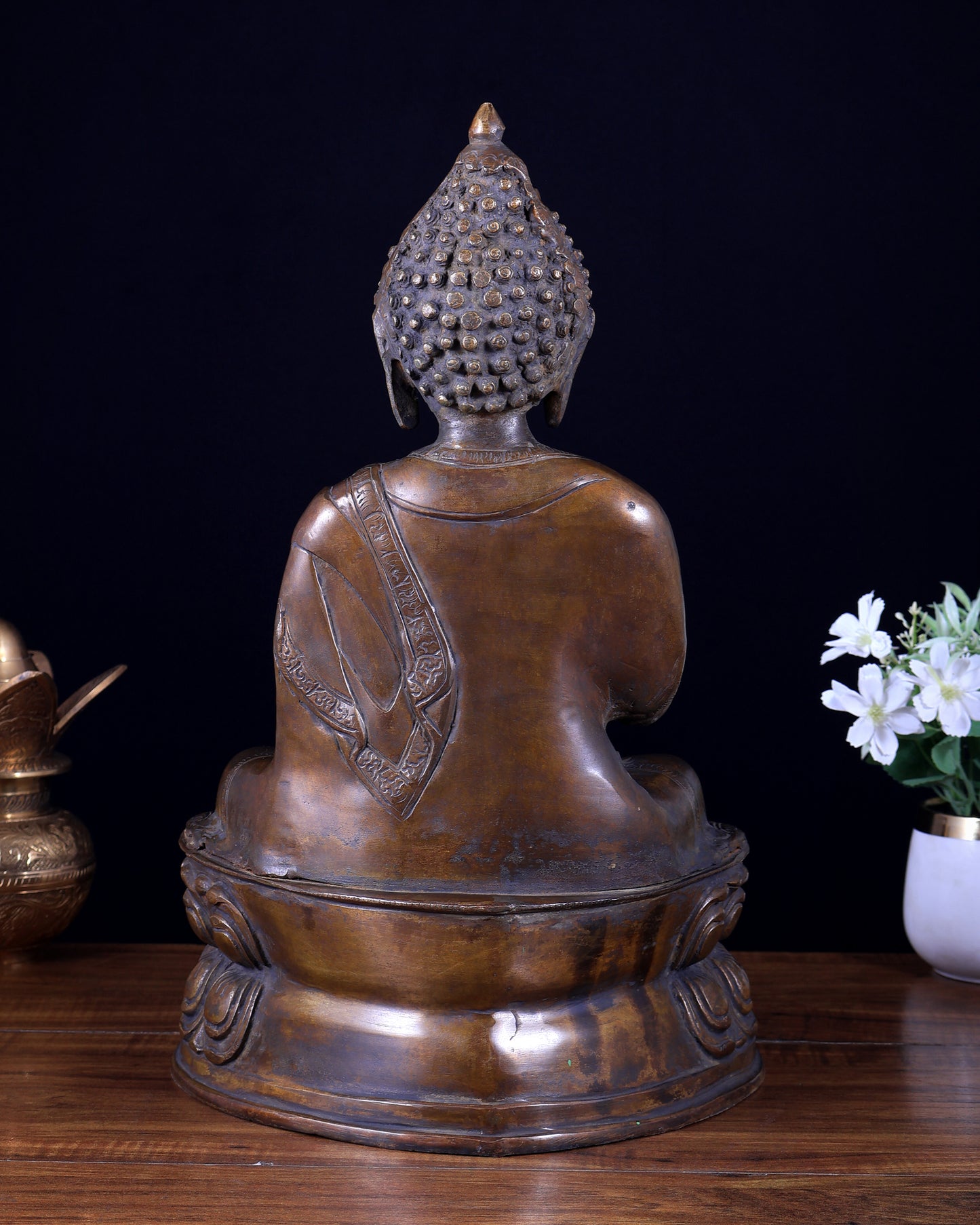 Pure Brass Buddha Statue with Blessing Hand in Vintage tone 15.5 inch