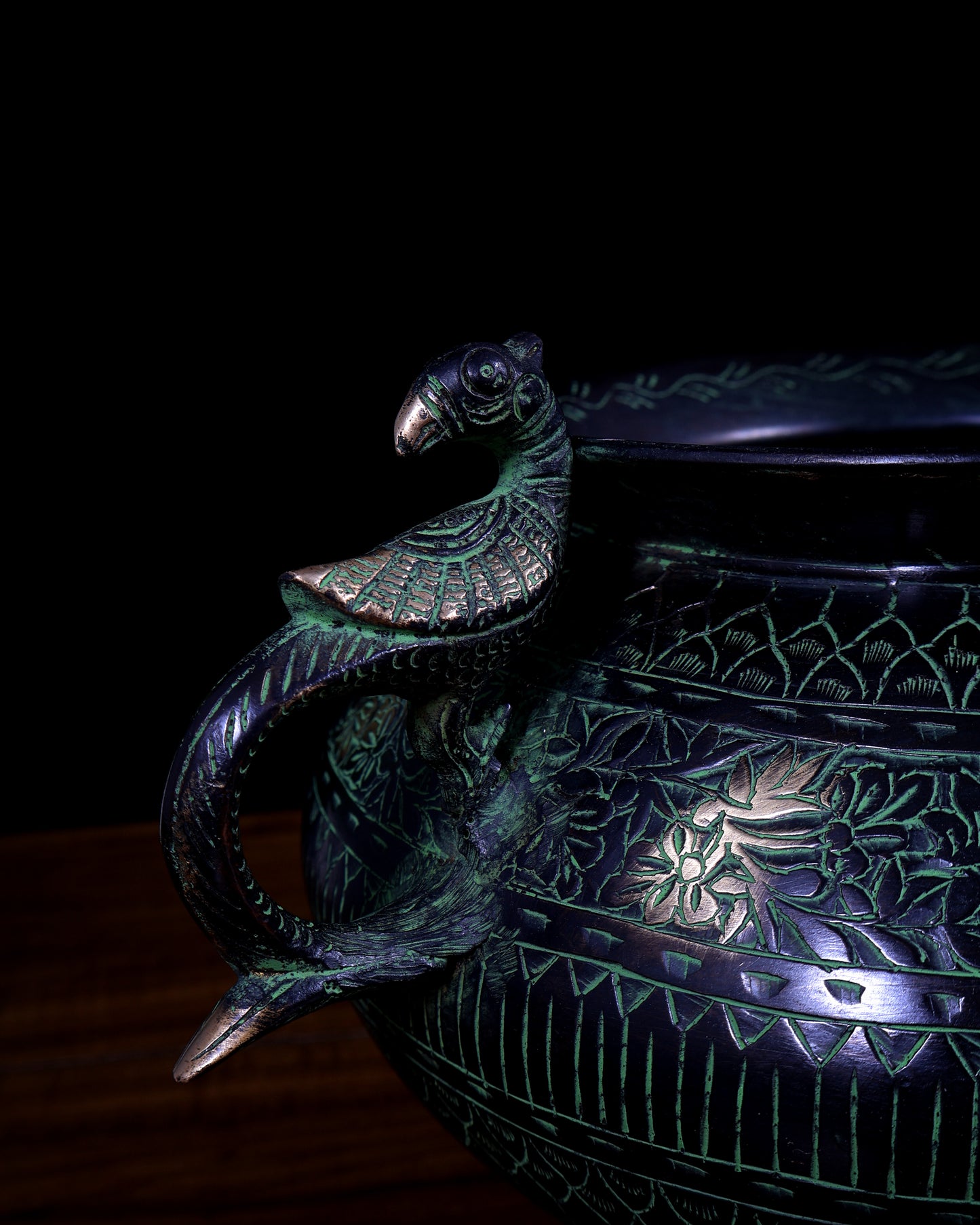 Vintage Brass Pot/planter Handcrafted with Intricate Carvings | Black & Green Patina Limited Edition