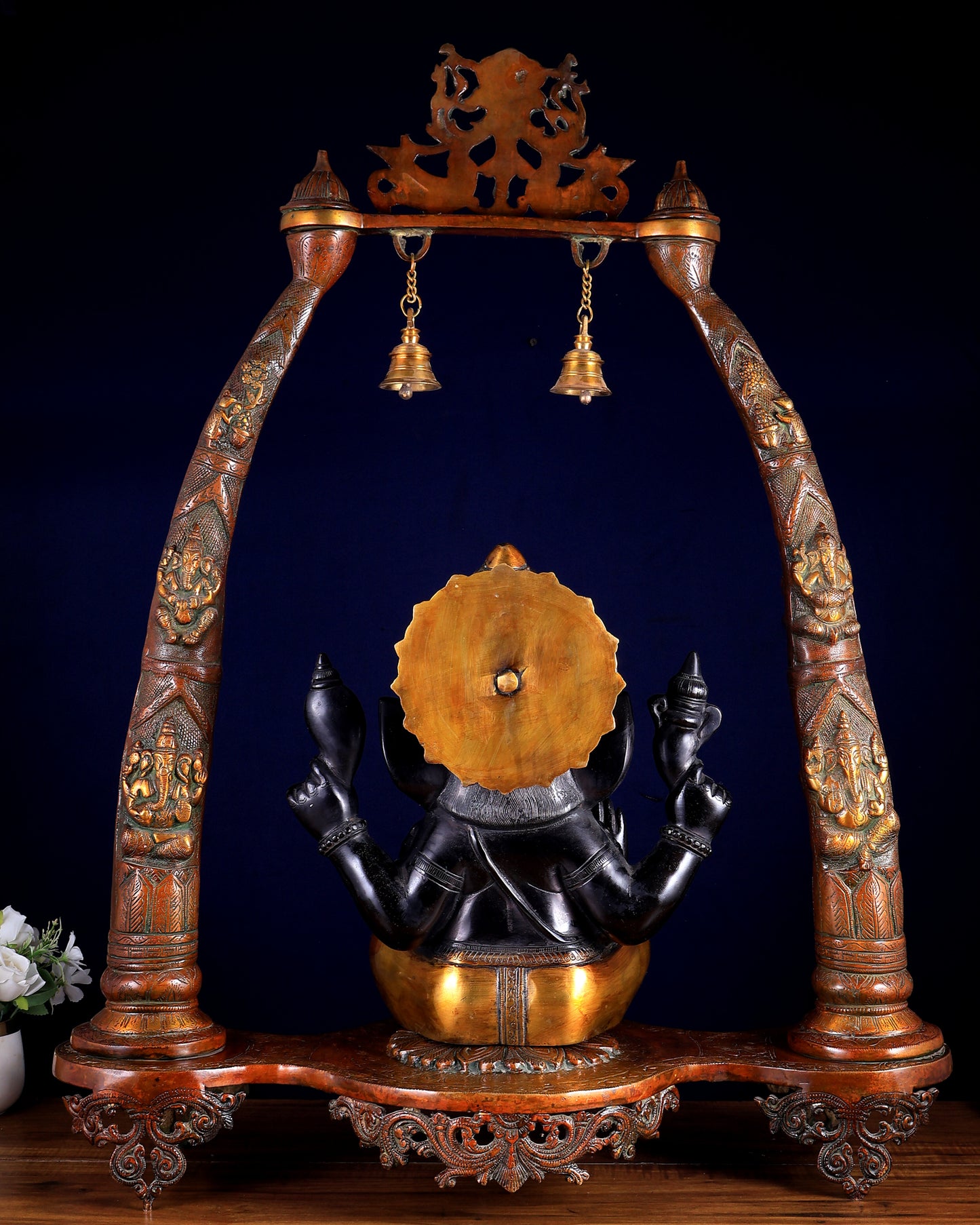 Brass Black Tone Ganesha Statue with Temple Arch Frame 35 inch