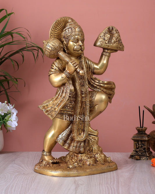 Brass Superfine Sanjeevani Hanuman Statue | Lord Hanuman Carrying Mountain Idol (15.3 Inch)