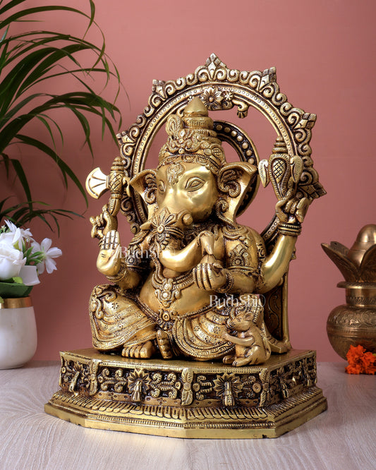 Brass Lord Ganesha Statue with Unique Decorative Frame (13 Inch)