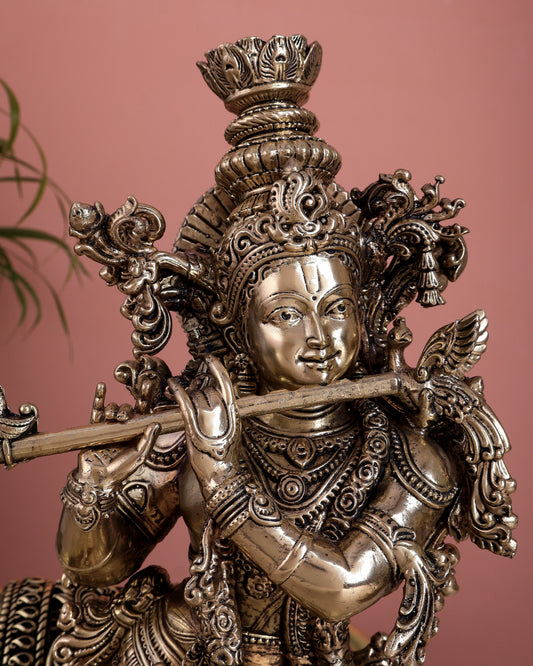 Brass Lord Krishna with Cow Superfine Statue (16 Inch, 5.35 Kg)