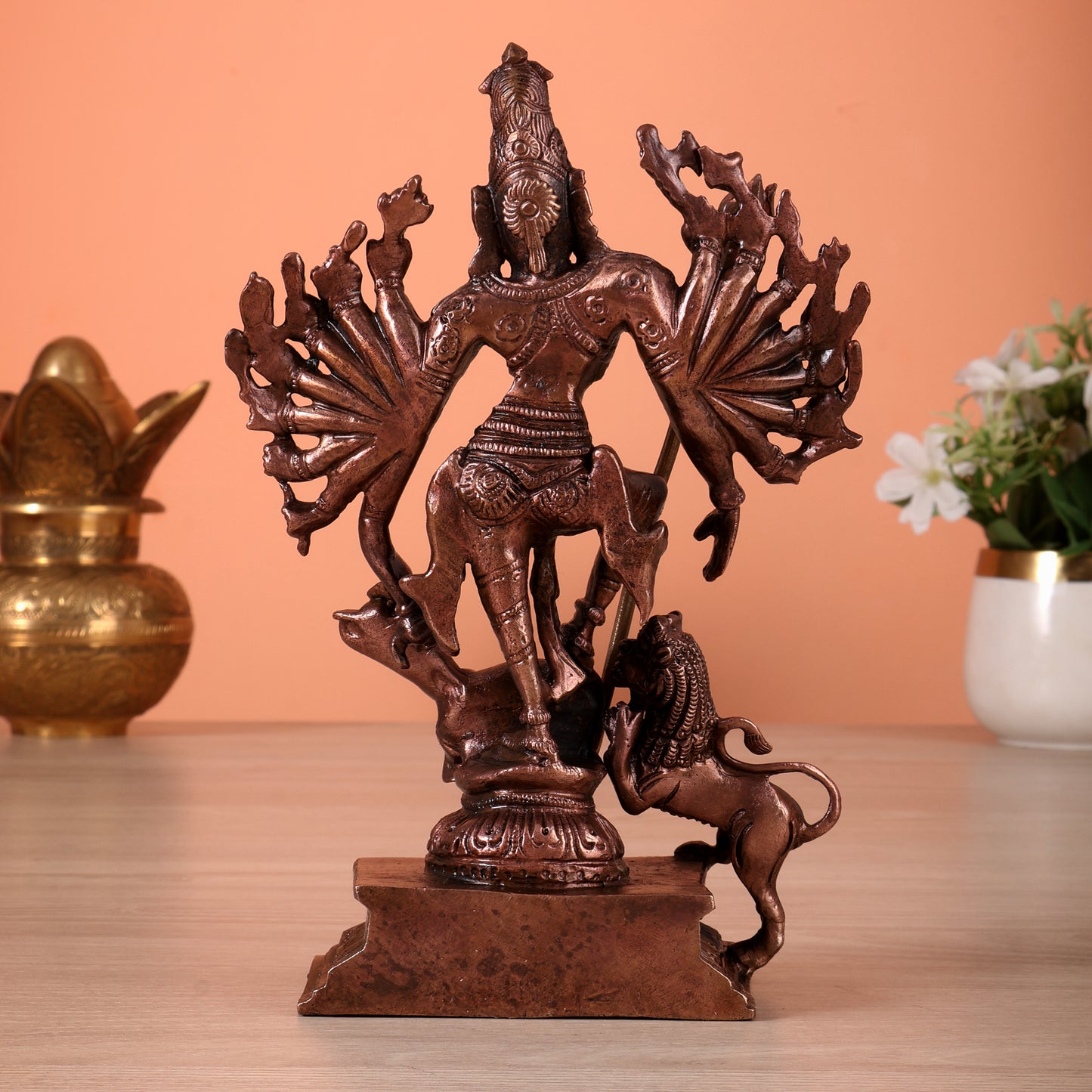 Pure Copper Mahishasura Mardini Durga Idol (7.5 Inch, 1.477 Kg)