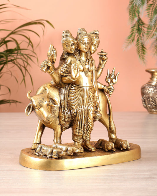 Brass Dattatreya guru with a cow and four dogs 8 inch