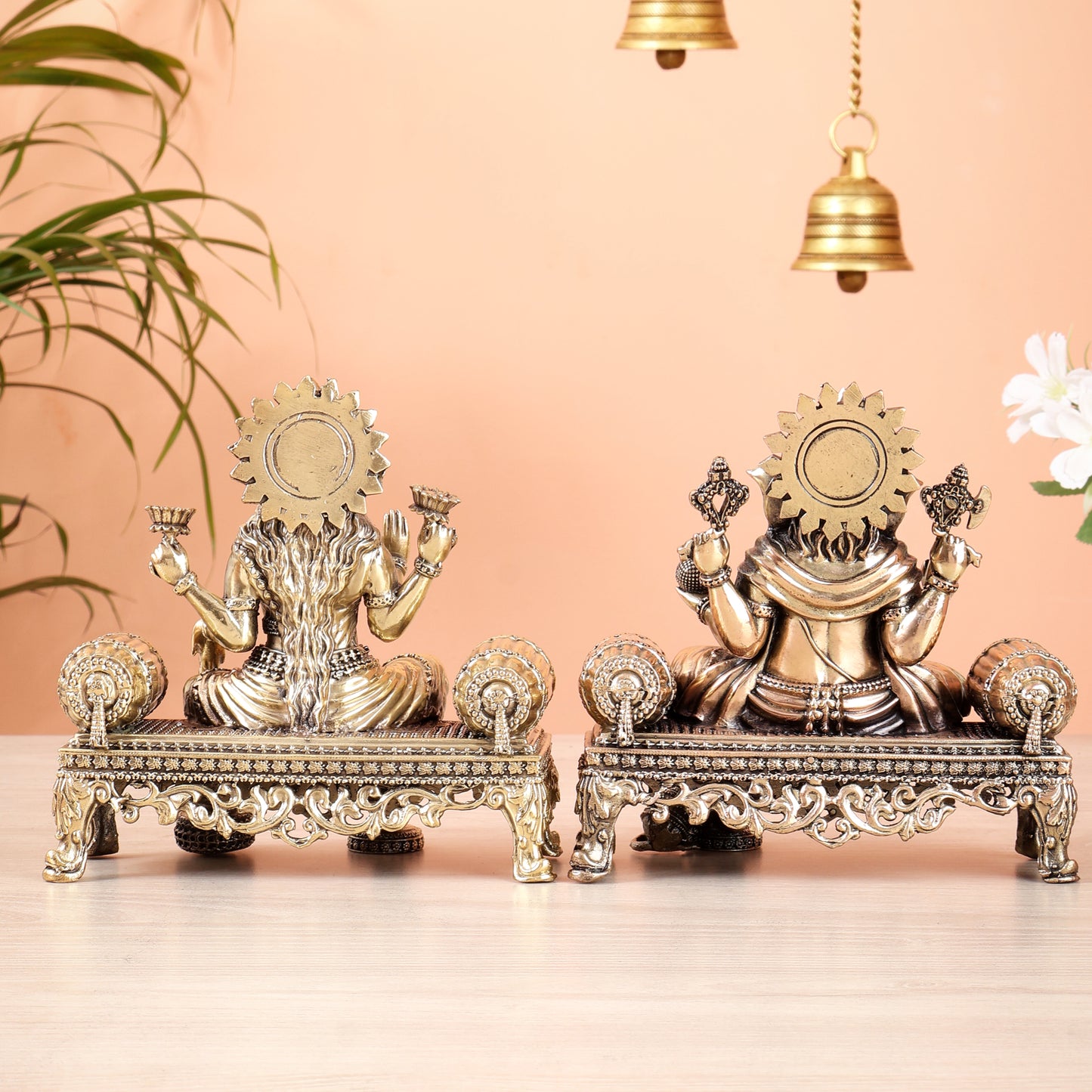 Brass Superfine Ganesha, lakshmi on thrones idols 4 and 5.5 inch