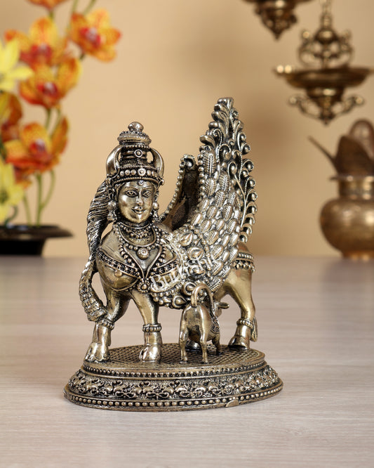 Brass Superfine Kamdhenu Cow with Calf Idol (Mother Face & Wings) 5 inch