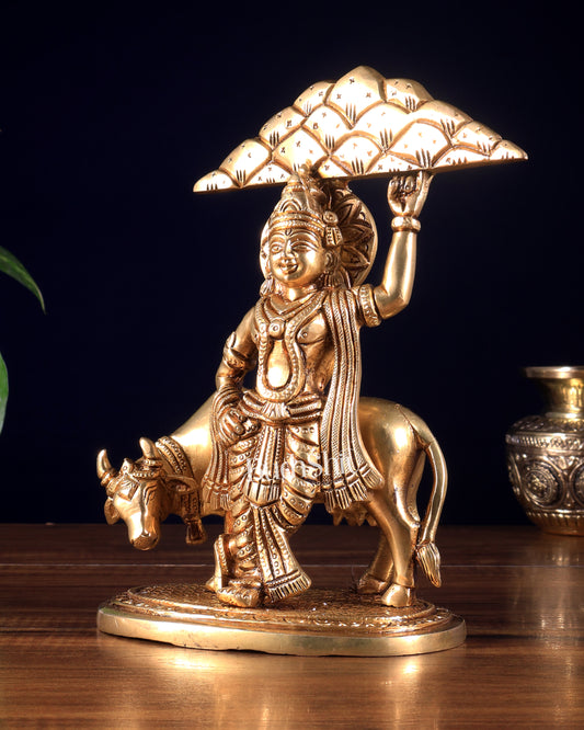 Brass Govardhan Krishna Statue – 8.5 Inch Divine Lifting Govardhan Hill Idol (2.2 KG)