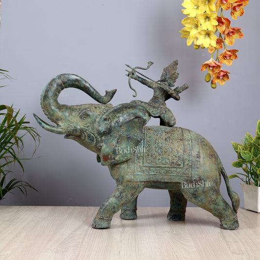 Bronze Lord indra on Elephant Raising Bow Sculpture 23"