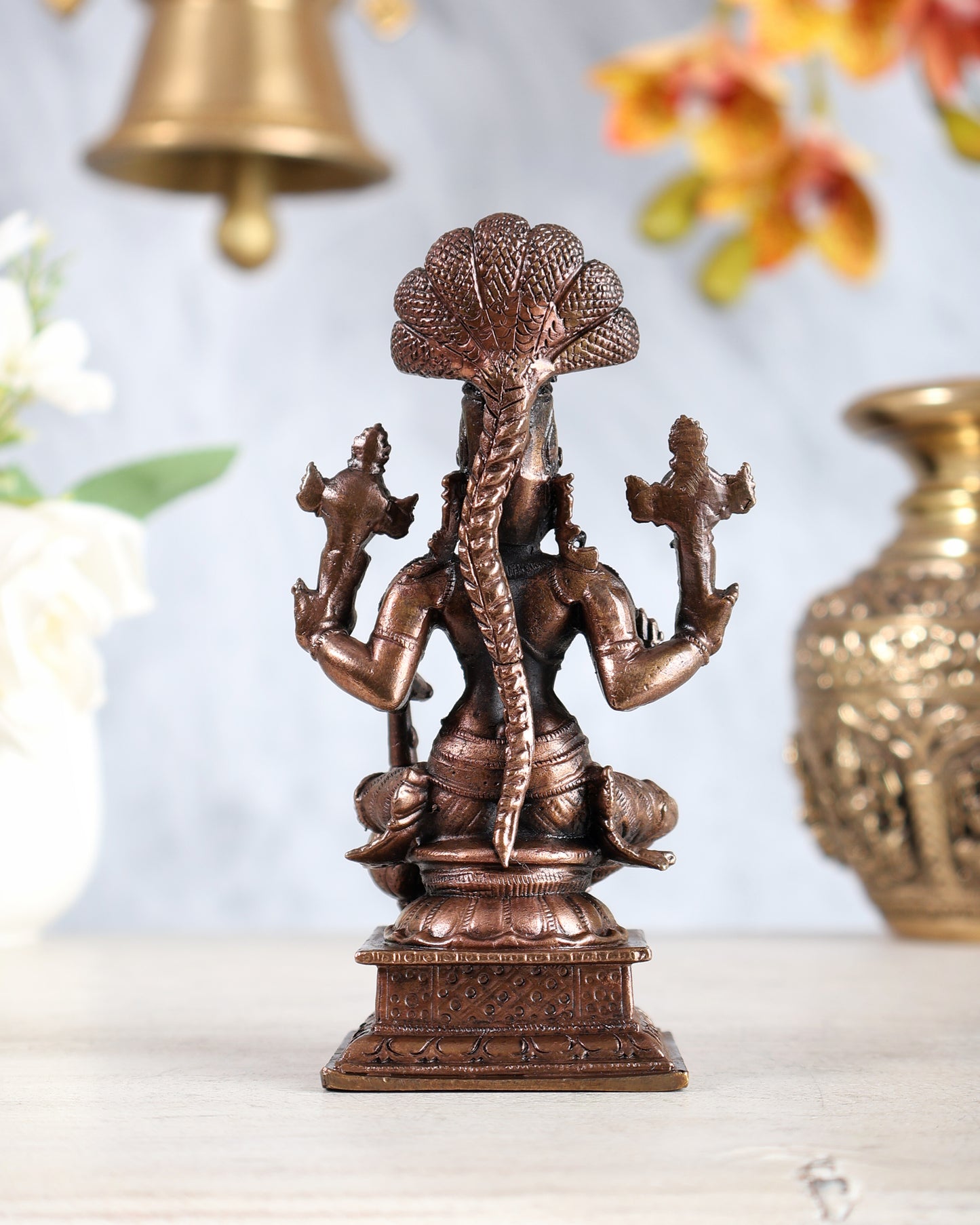 Pure Copper Vishnu Narayan with Sheshnag Idol – Seated Adi Shesha Vishnu Statue 5"